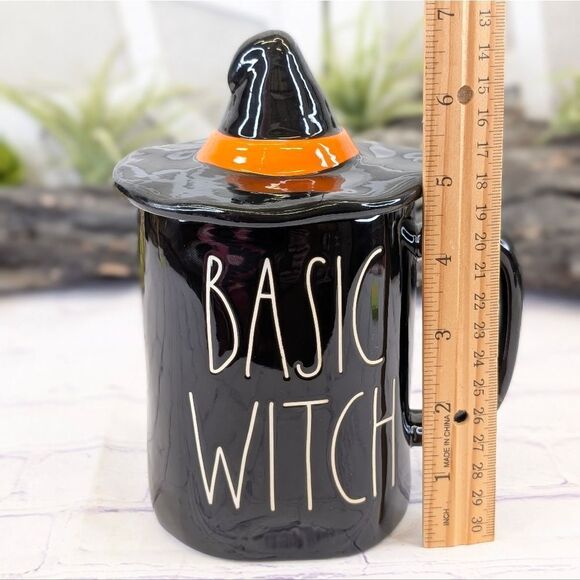 Rae Dunn BASIC WITCH Halloween Black/Orange Ceramic Mug w/ Witch Hat Lid Topper - Picture 6 of 7